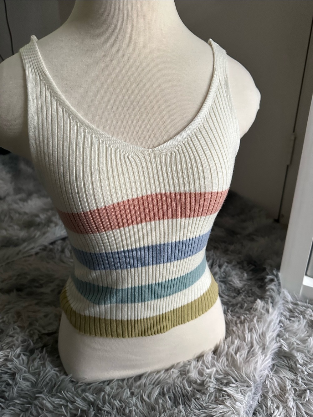 Ribbed V-Neck Tank Pink, Blue, Teal & Olive Stripes